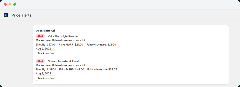 The Alerts page listing two open price alerts with a Mark resolved button on each